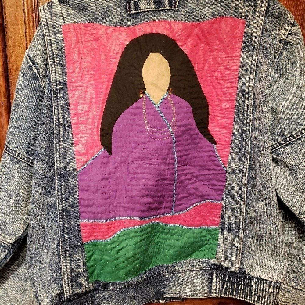Vintage Ruth Douglas Native Woman Acid Wash Denim Jacket Art to Wear Large OOAK